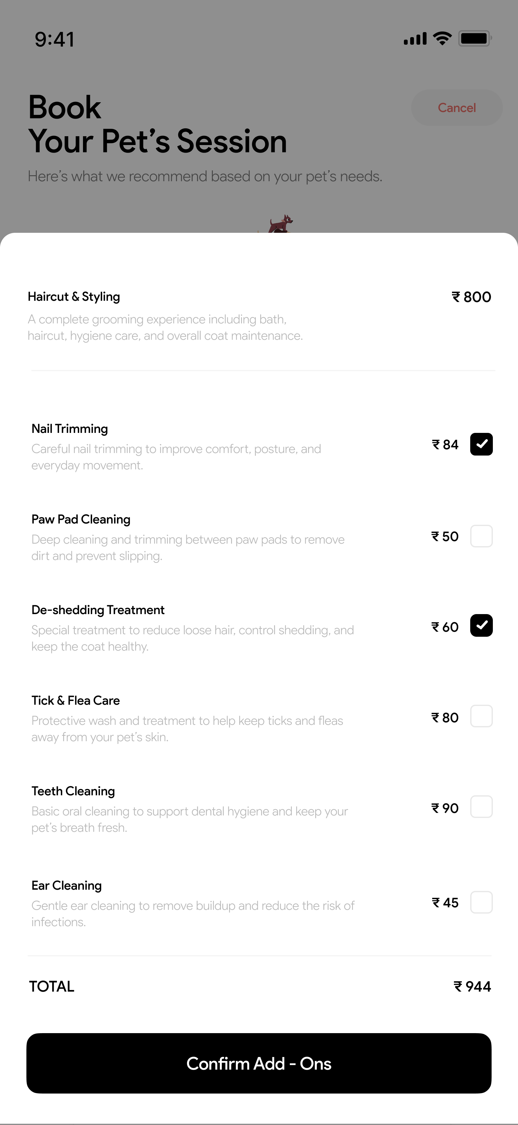 Booking sheet with priced add-ons and a running total