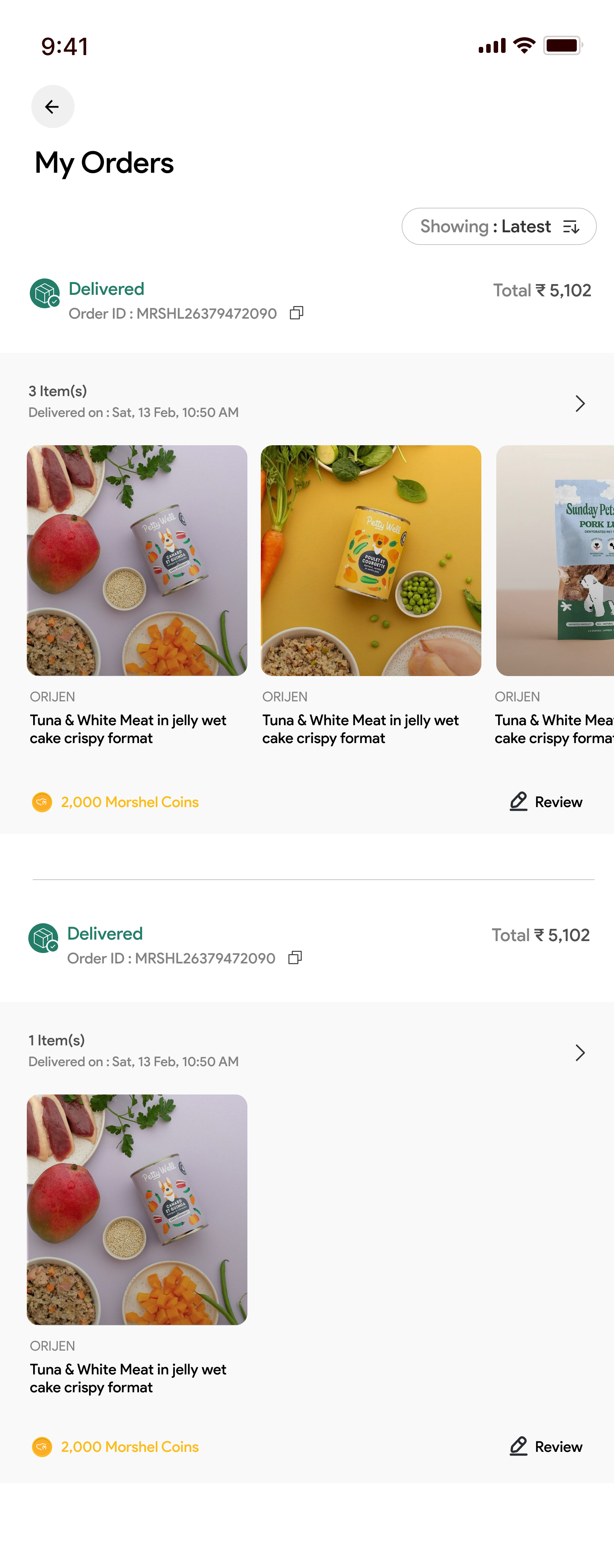 My Orders list grouped by order with status and coins earned