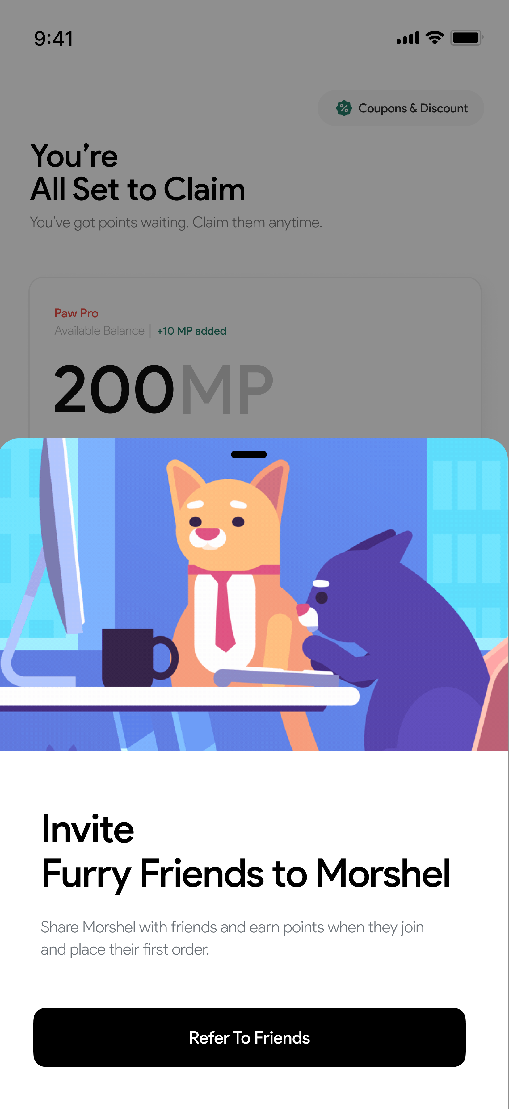 Points balance with Paw Pro tier and a referral sheet