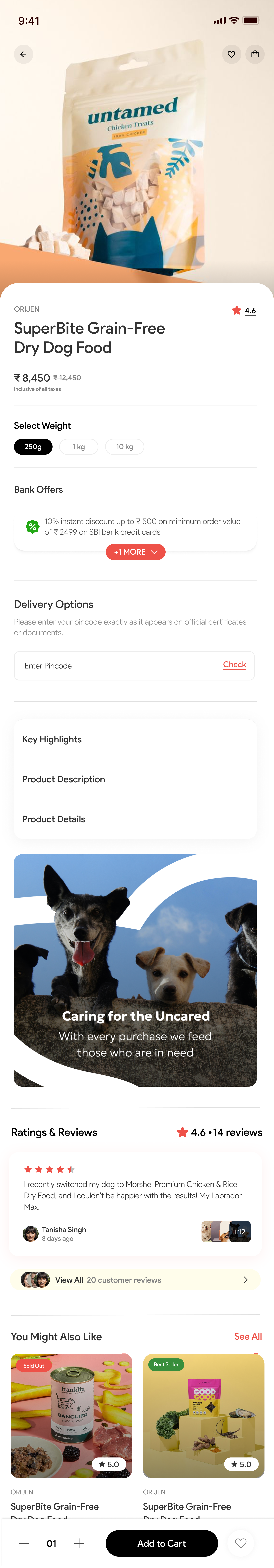 Product detail page with variants, offers, delivery check and reviews