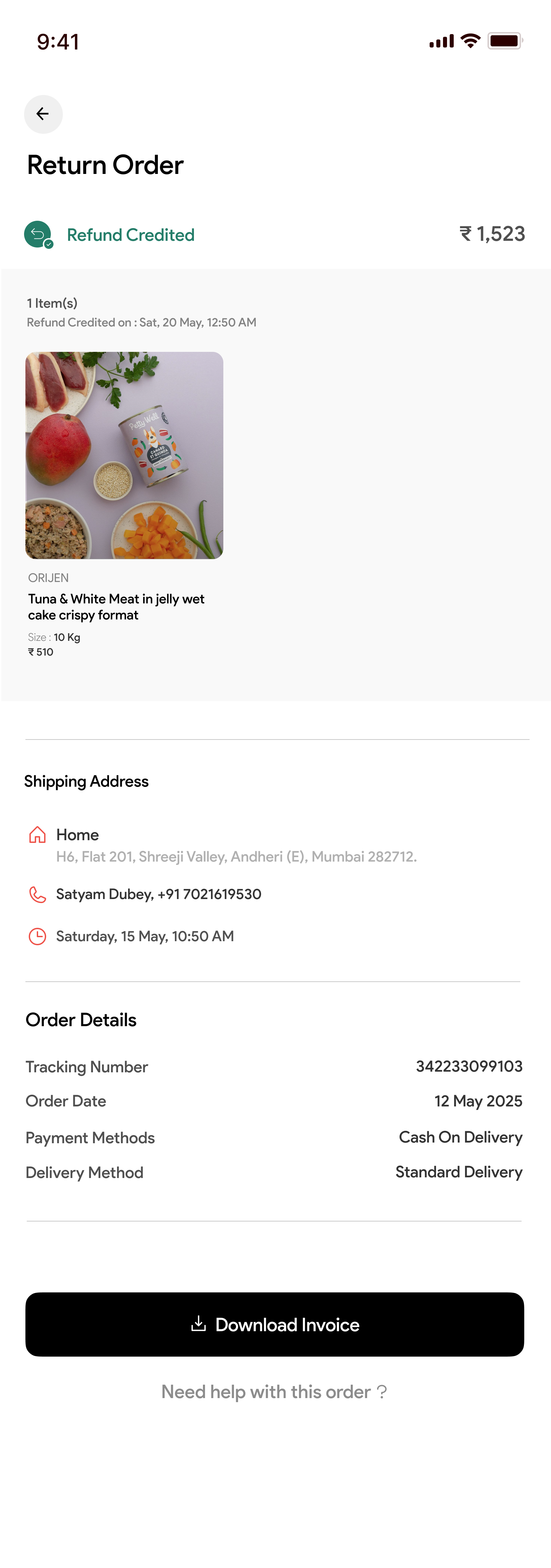 Return order detail showing refund credited and order metadata